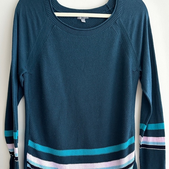 T By Talbots Teal Knit Striped Sweater, Turquoise/Purple/Navy Blue, Size Medium - Picture 2 of 15